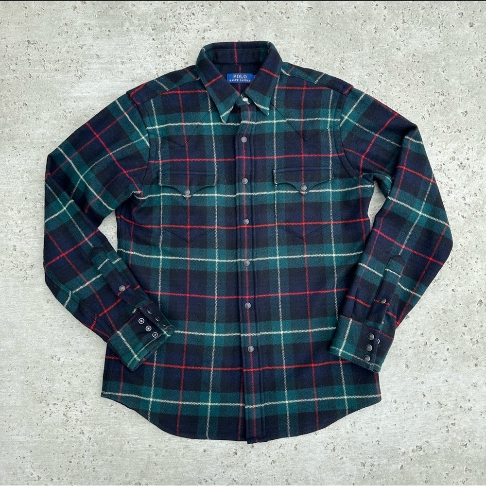 Polo Ralph Lauren Wool Flannel Snap Button Western Navt / Green - Small